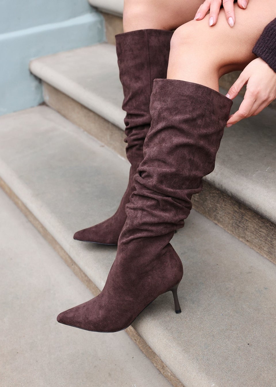 Linzi Rosenna Brown Suede Ruched High Leg Heeled Boot