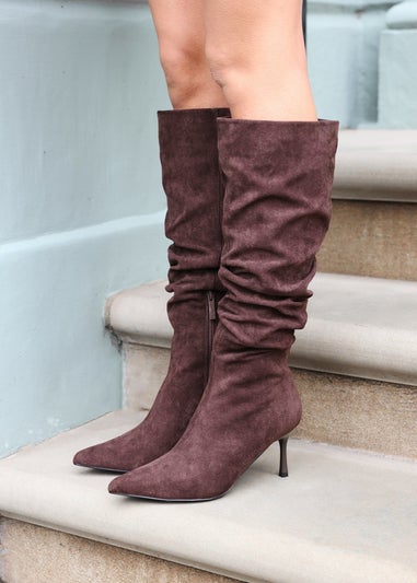 Linzi Rosenna Brown Suede Ruched High Leg Heeled Boot