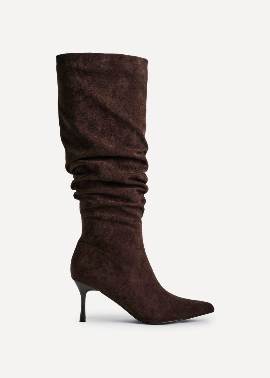 Linzi Rosenna Brown Suede Ruched High Leg Heeled Boot