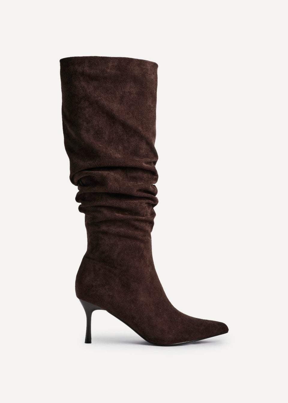 Linzi Rosenna Brown Suede Ruched High Leg Heeled Boot