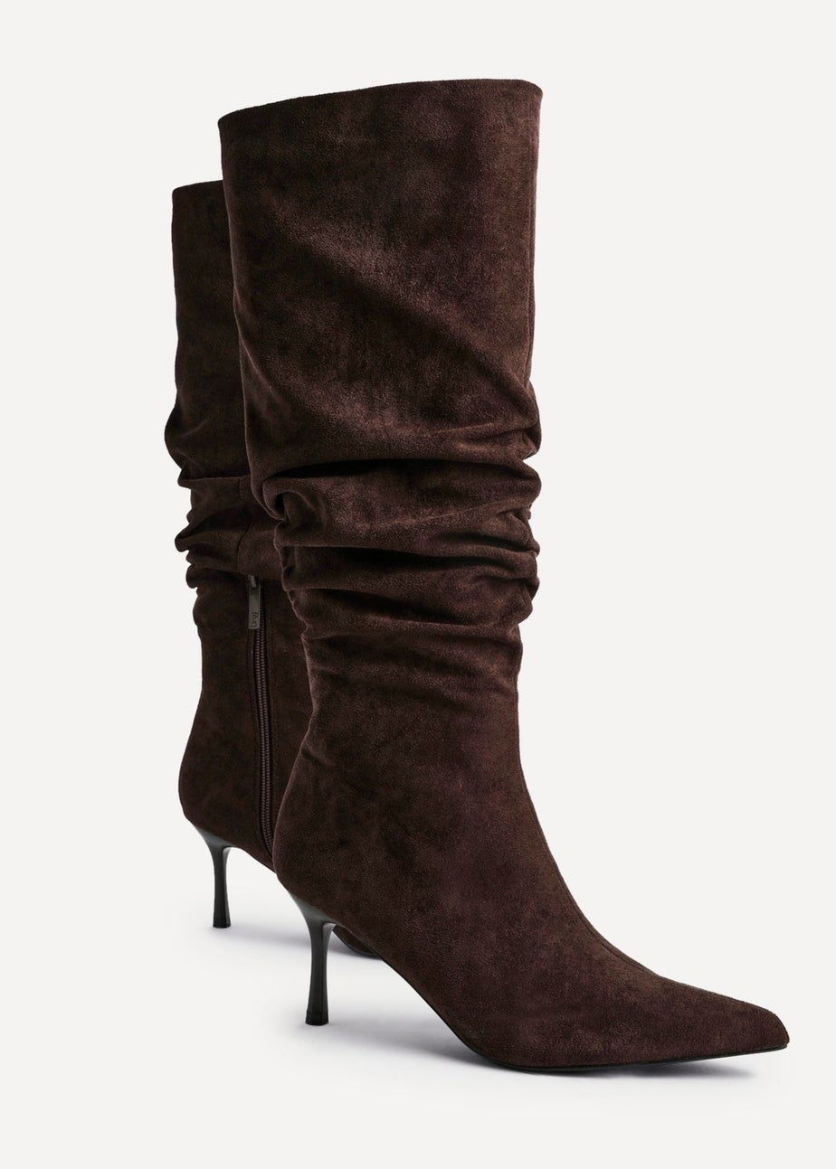 Linzi Rosenna Brown Suede Ruched High Leg Heeled Boot