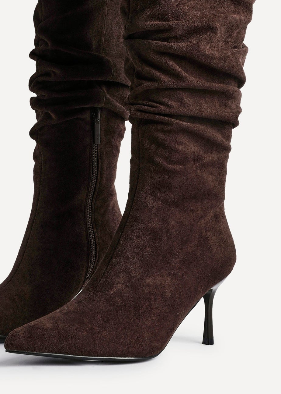 Linzi Rosenna Brown Suede Ruched High Leg Heeled Boot