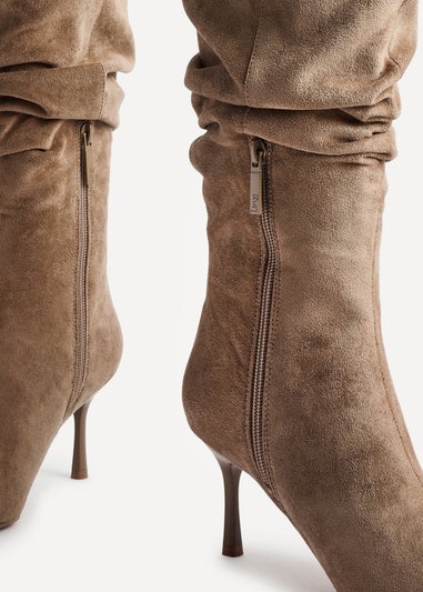 Linzi Rosenna Beige Suede Ruched High Leg Heeled Boot