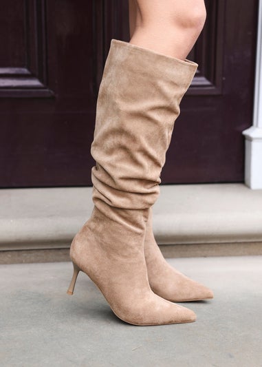 Linzi Rosenna Beige Suede Ruched High Leg Heeled Boot