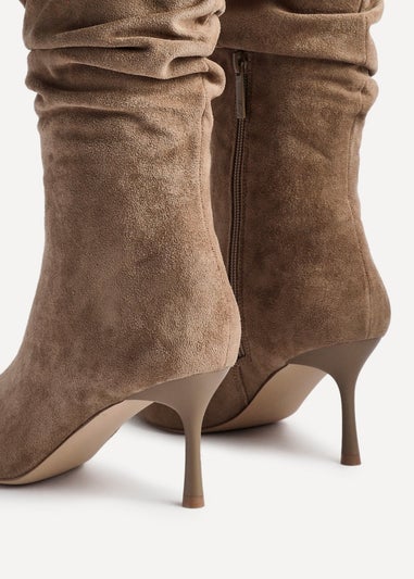 Linzi Rosenna Beige Suede Ruched High Leg Heeled Boot