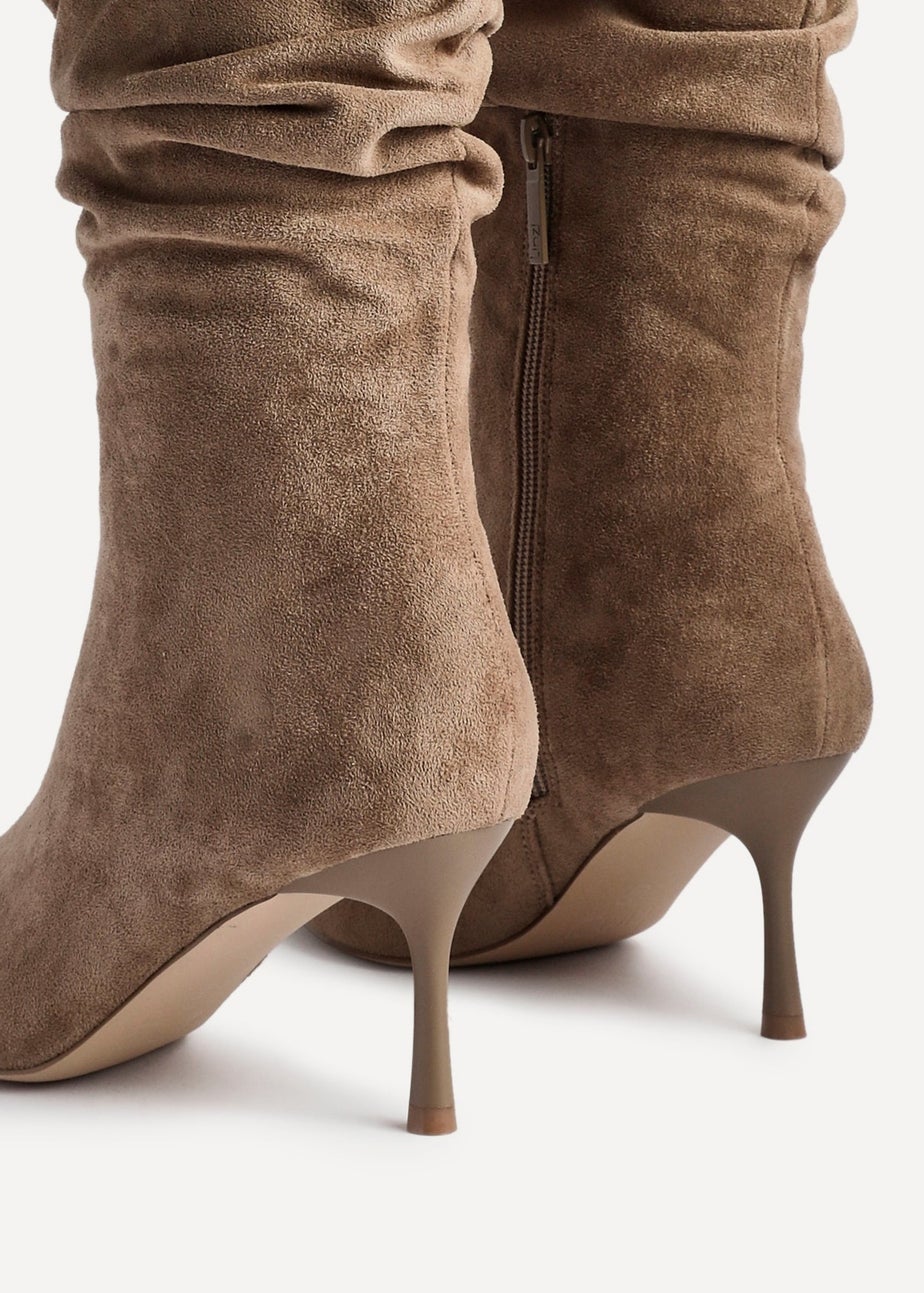 Linzi Rosenna Beige Suede Ruched High Leg Heeled Boot