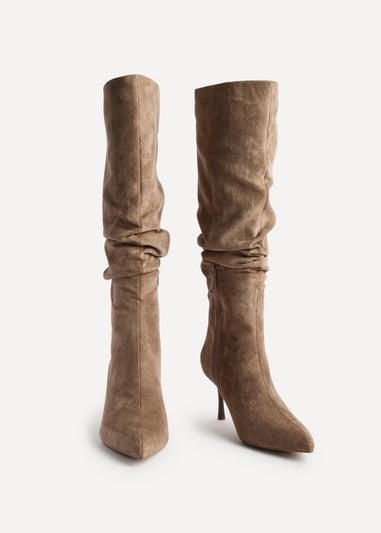 Linzi Rosenna Beige Suede Ruched High Leg Heeled Boot