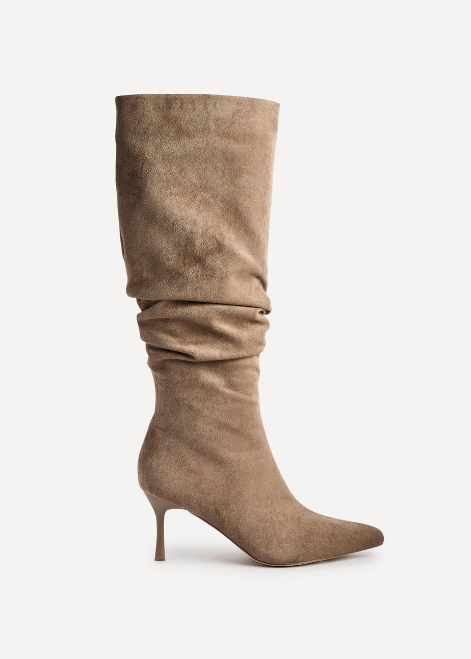 Linzi Rosenna Beige Suede Ruched High Leg Heeled Boot