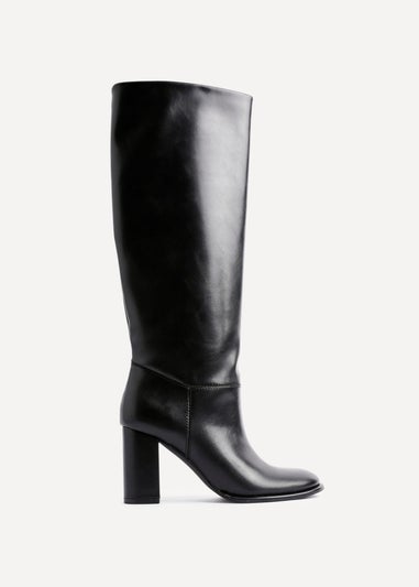 Linzi Cole Black Faux Leather Pull-On High Leg Block Heeled Boots