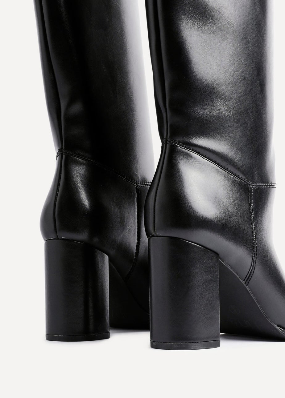 Linzi Cole Black Faux Leather Pull-On High Leg Block Heeled Boots