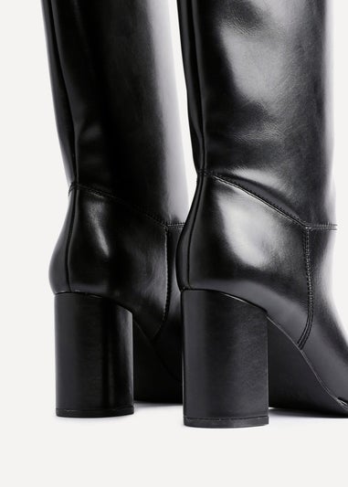 Linzi Cole Black Faux Leather Pull-On High Leg Block Heeled Boots