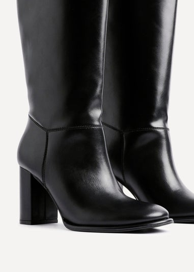 Linzi Cole Black Faux Leather Pull-On High Leg Block Heeled Boots