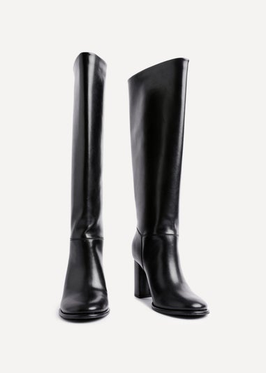 Linzi Cole Black Faux Leather Pull-On High Leg Block Heeled Boots