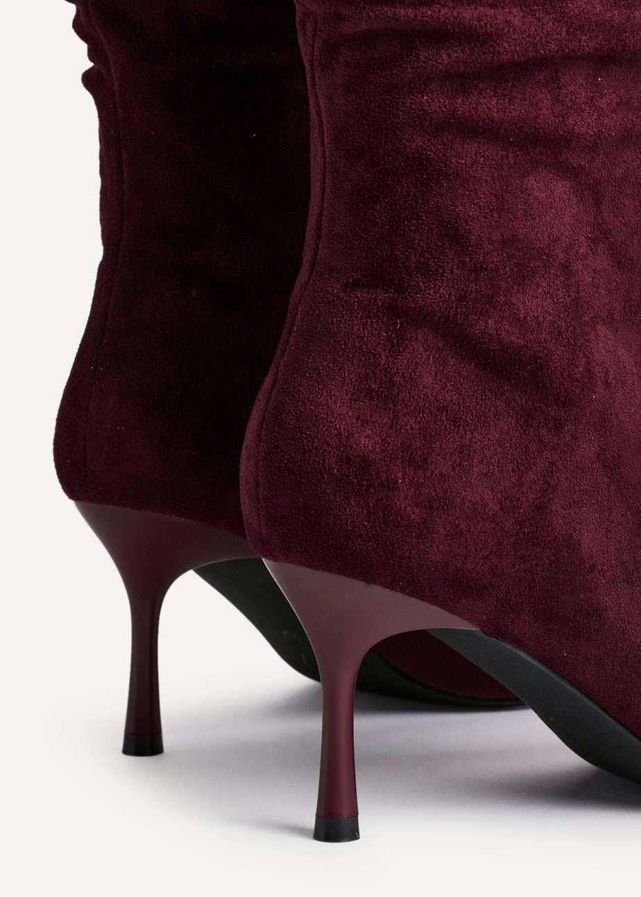 Linzi Rosenna Burgundy Suede Ruched High Leg Heeled Boot