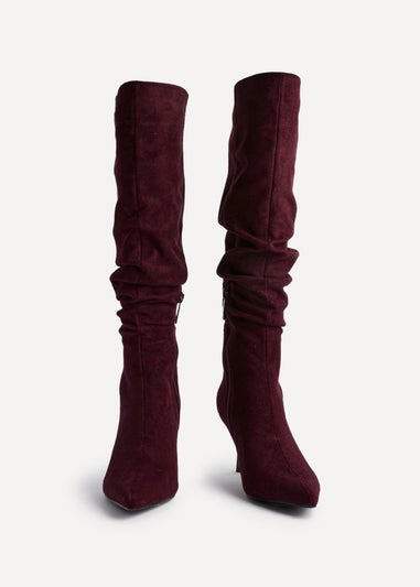 Linzi Rosenna Burgundy Suede Ruched High Leg Heeled Boot