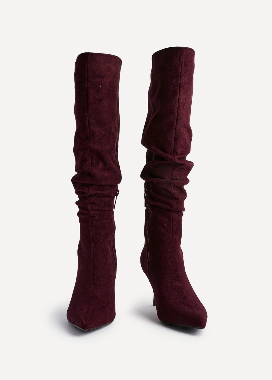 Linzi Rosenna Burgundy Suede Ruched High Leg Heeled Boot
