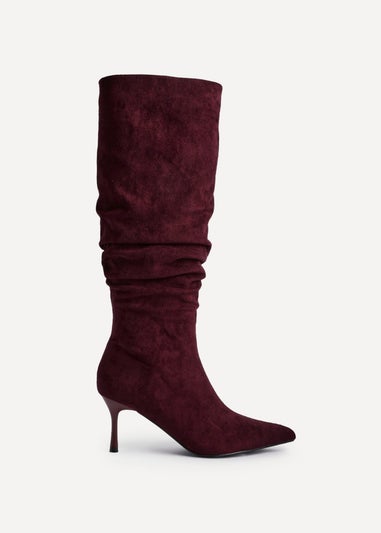 Linzi Rosenna Burgundy Suede Ruched High Leg Heeled Boot