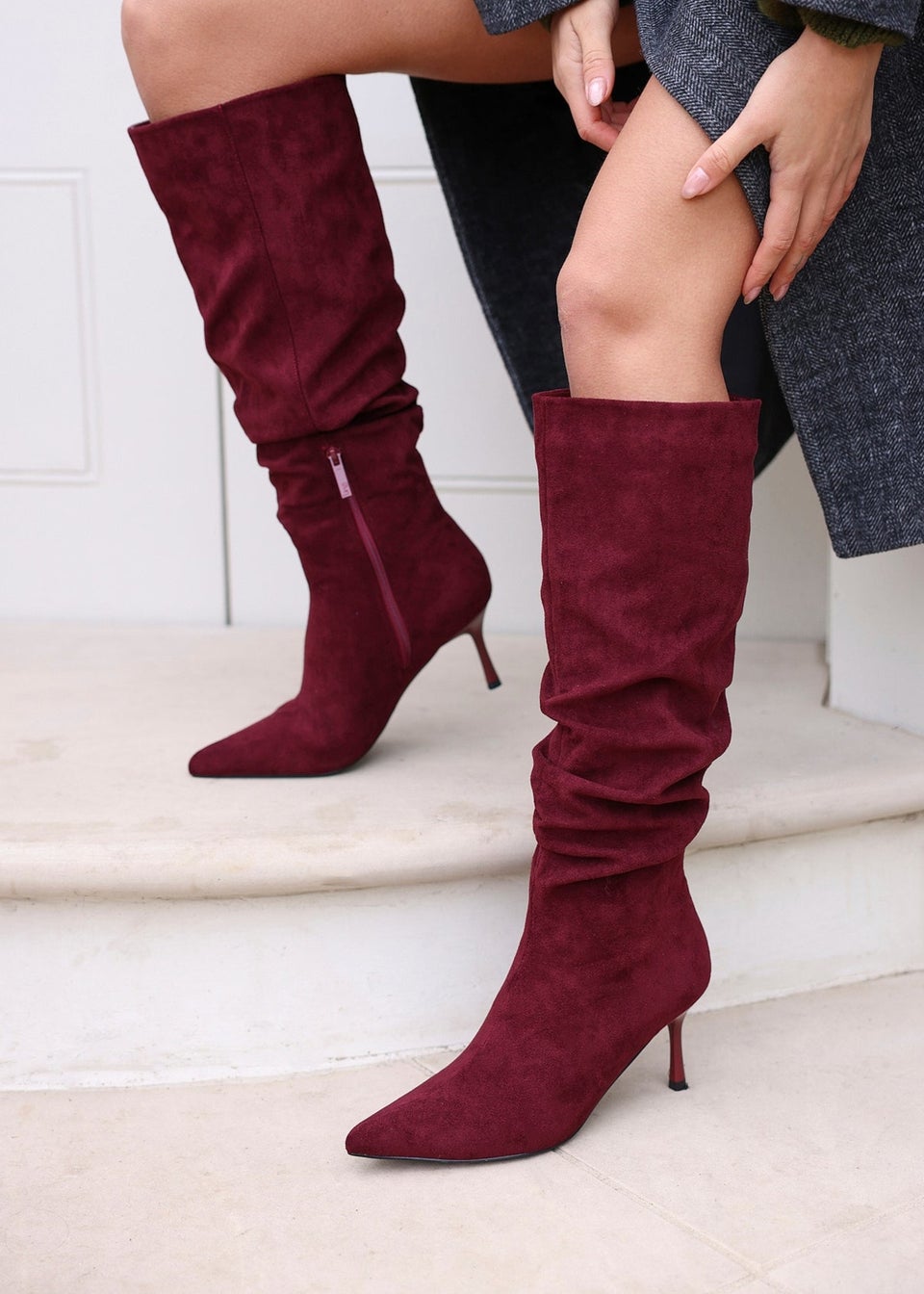 Linzi Rosenna Burgundy Suede Ruched High Leg Heeled Boot