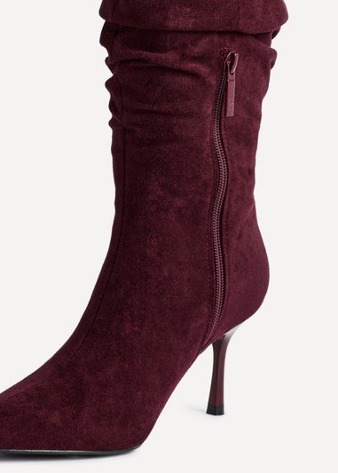 Linzi Rosenna Burgundy Suede Ruched High Leg Heeled Boot