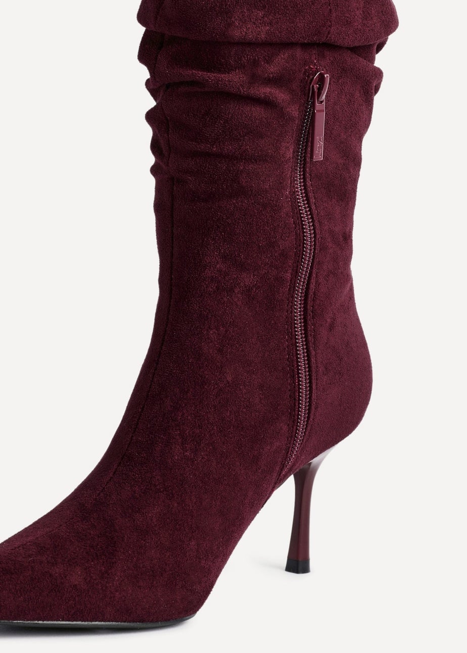 Linzi Rosenna Burgundy Suede Ruched High Leg Heeled Boot