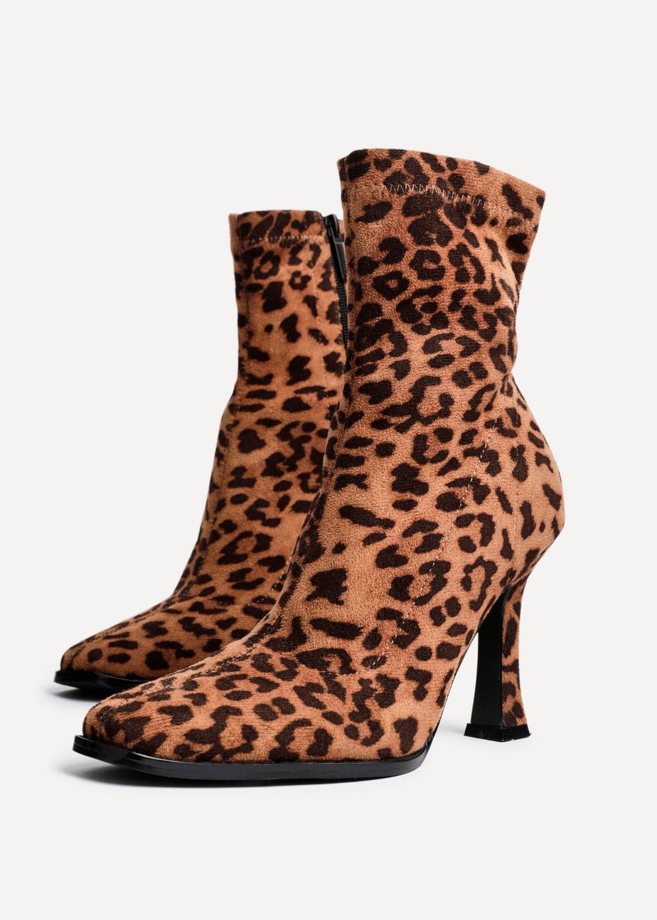 Linzi Noelle Leopard Print Square Toe Heeled Sock Boot