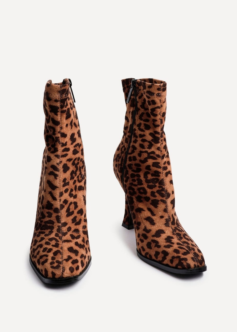 Linzi Noelle Leopard Print Square Toe Heeled Sock Boot