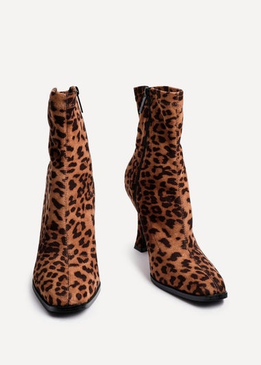 Linzi Noelle Leopard Print Square Toe Heeled Sock Boot