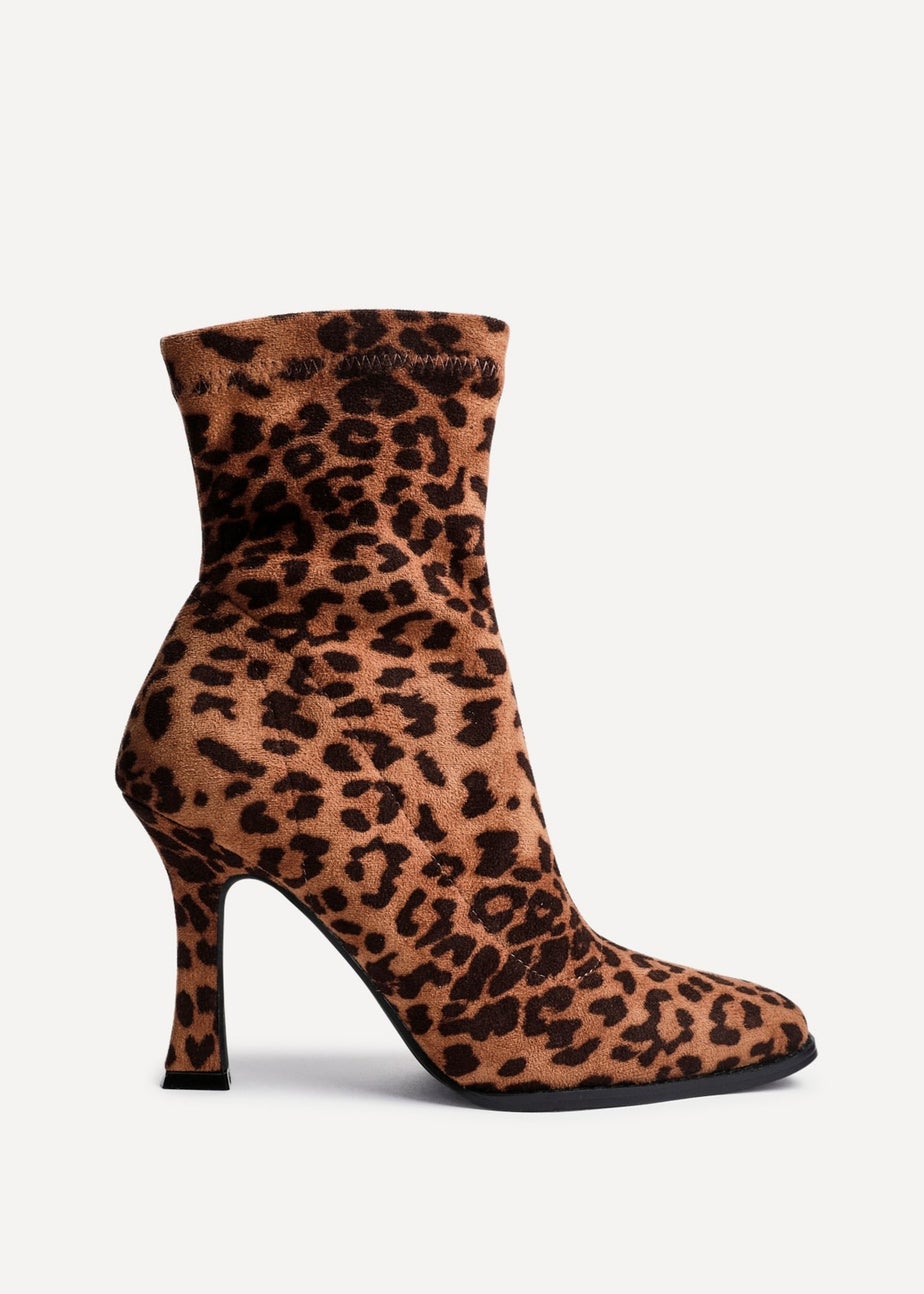 Linzi Noelle Leopard Print Square Toe Heeled Sock Boot
