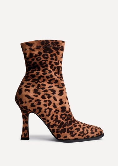 Linzi Noelle Leopard Print Square Toe Heeled Sock Boot