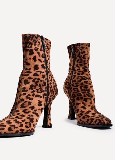 Linzi Noelle Leopard Print Square Toe Heeled Sock Boot