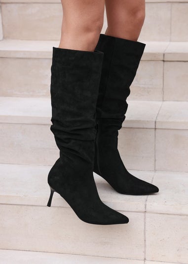 Linzi Rosenna Black Suede Ruched High Leg Heeled Boot