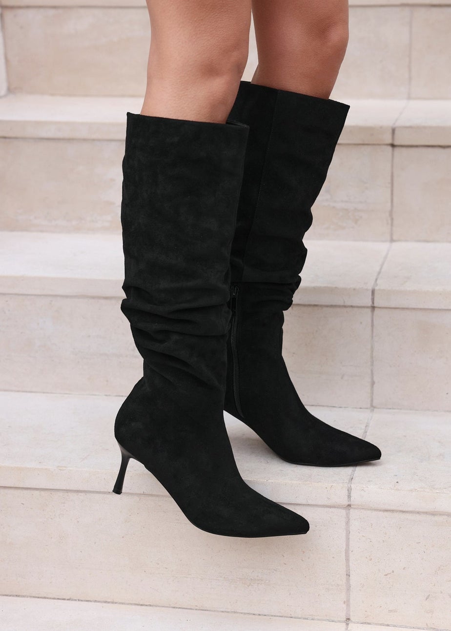 Linzi Rosenna Black Suede Ruched High Leg Heeled Boot