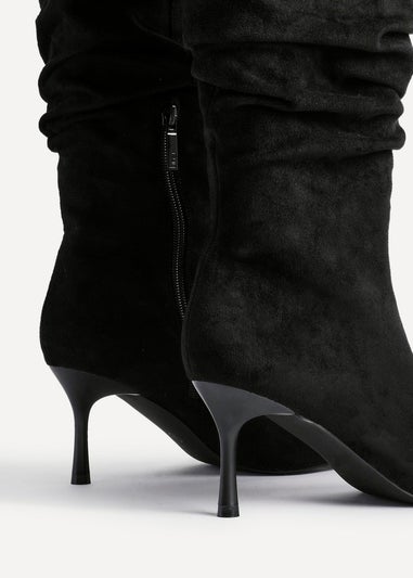Linzi Rosenna Black Suede Ruched High Leg Heeled Boot
