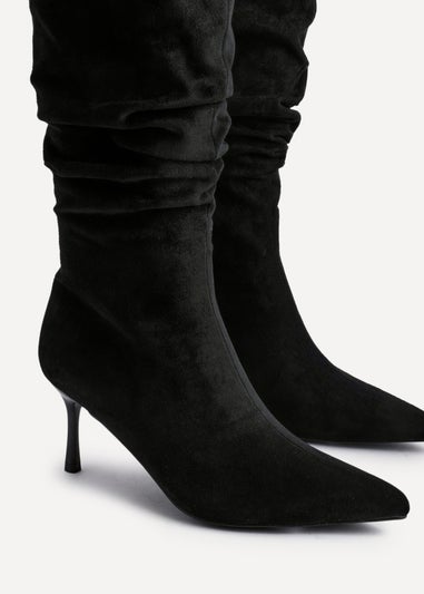 Linzi Rosenna Black Suede Ruched High Leg Heeled Boot