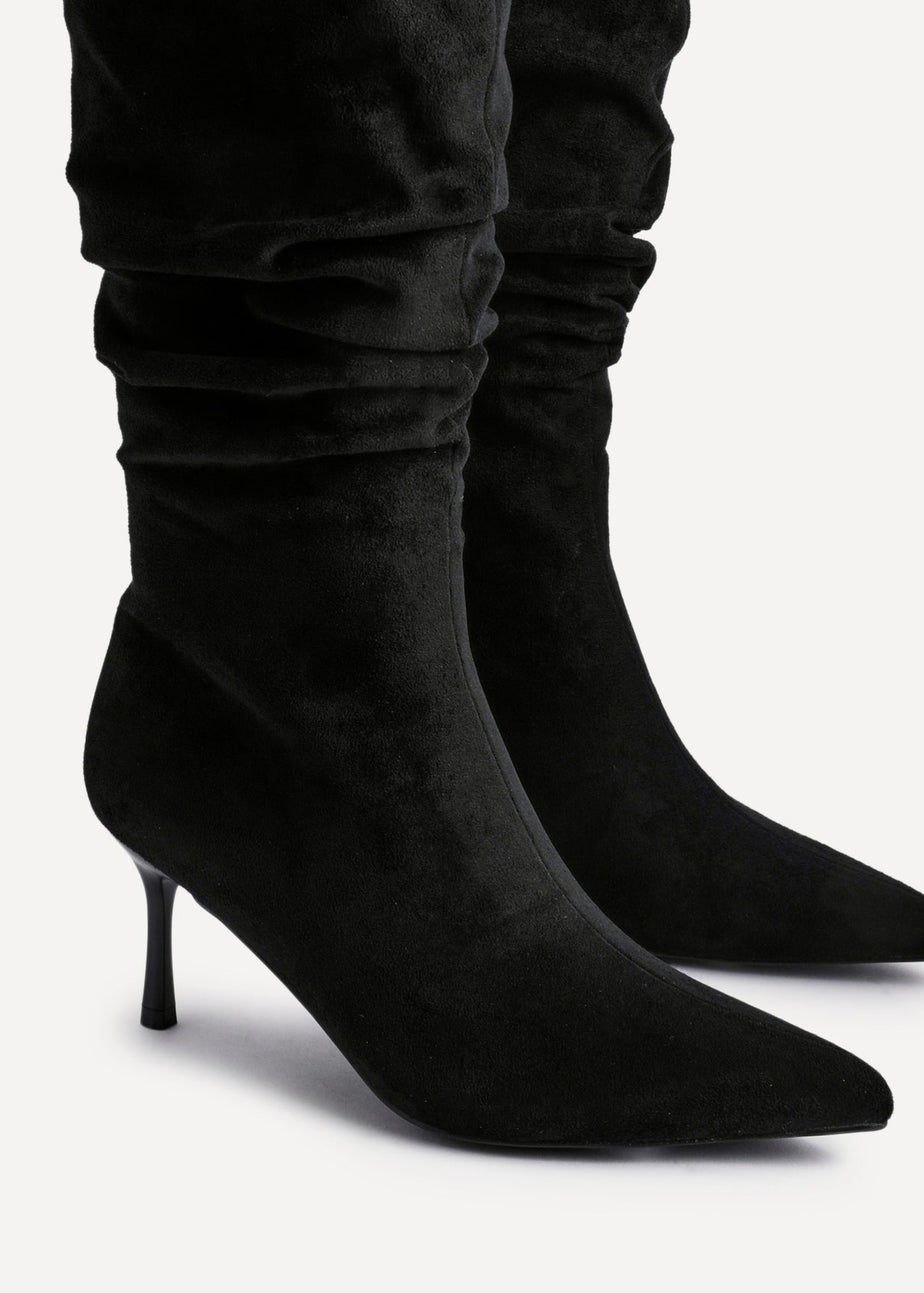 Linzi Rosenna Black Suede Ruched High Leg Heeled Boot
