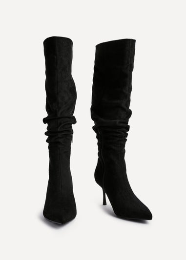 Linzi Rosenna Black Suede Ruched High Leg Heeled Boot