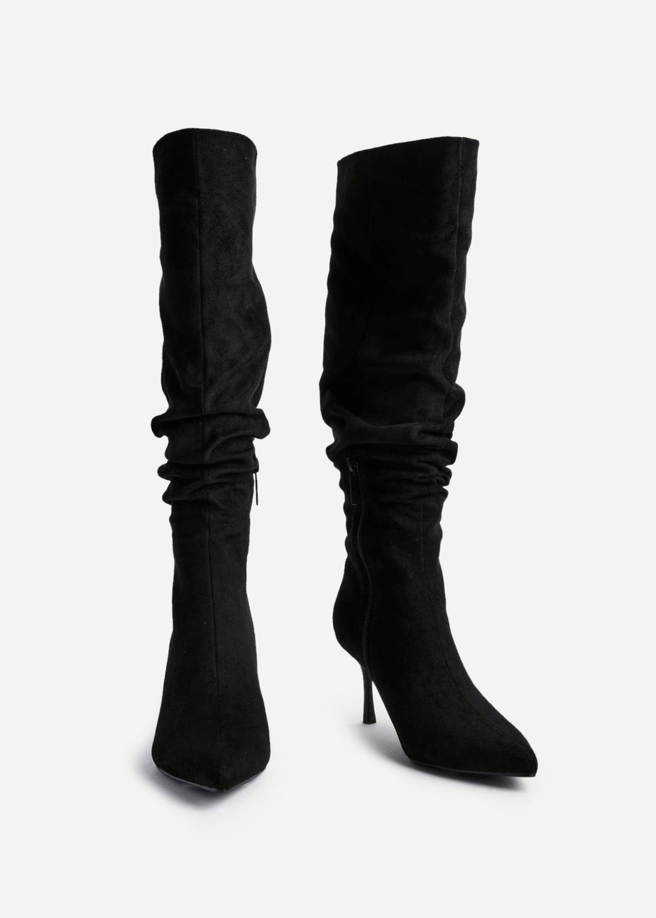 Linzi Rosenna Black Suede Ruched High Leg Heeled Boot