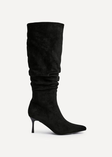 Linzi Rosenna Black Suede Ruched High Leg Heeled Boot