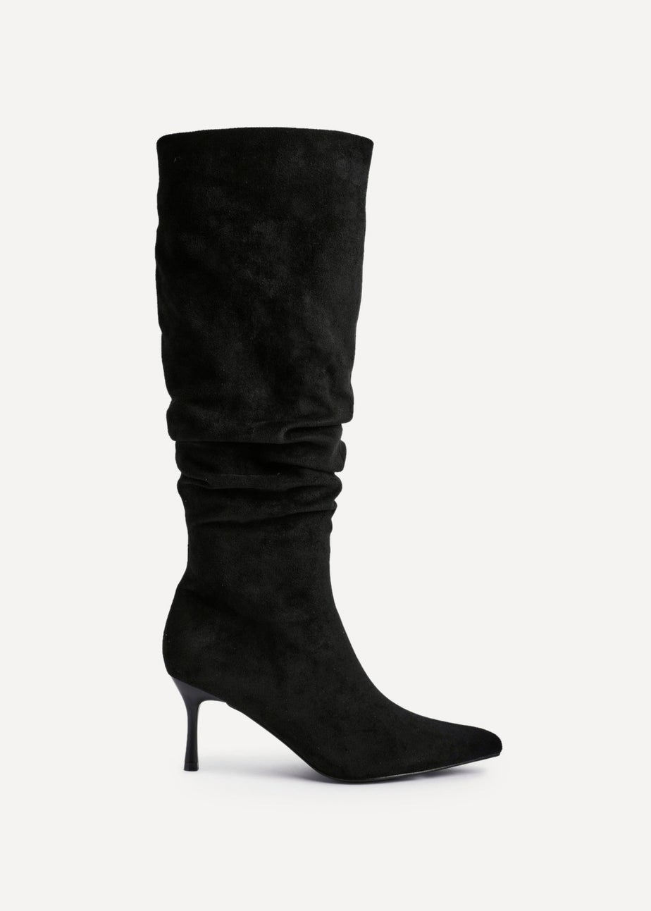 Linzi Rosenna Black Suede Ruched High Leg Heeled Boot