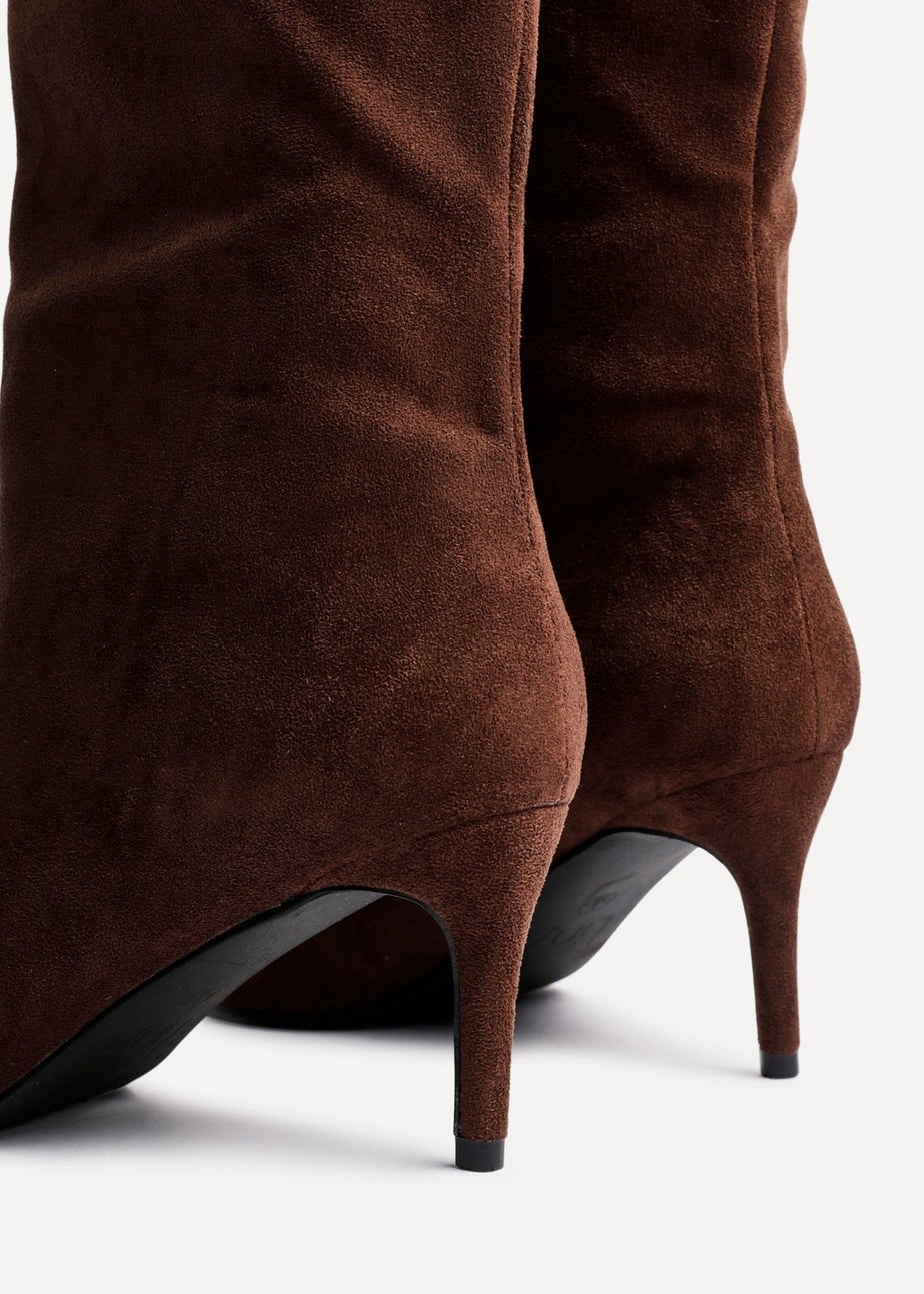 Linzi Onyx Brown Faux Suede Pointed Toe High Leg Heeled Boots