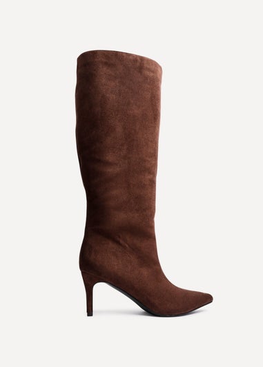 Linzi Onyx Brown Faux Suede Pointed Toe High Leg Heeled Boots