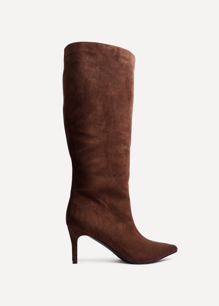 Linzi Onyx Brown Faux Suede Pointed Toe High Leg Heeled Boots
