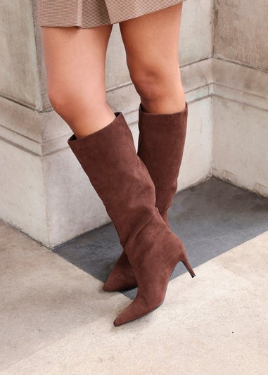 Linzi Onyx Brown Faux Suede Pointed Toe High Leg Heeled Boots