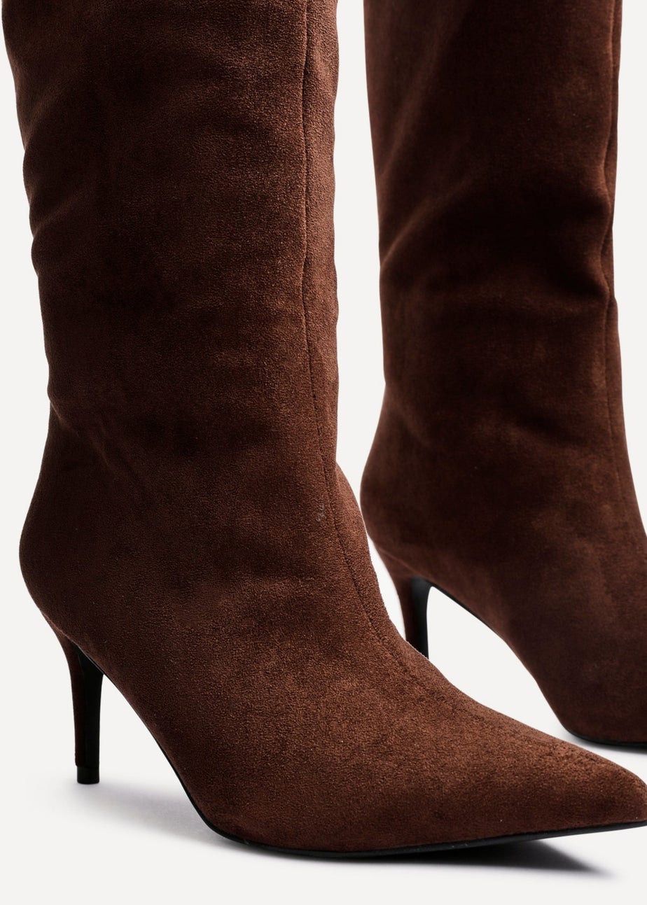 Linzi Onyx Brown Faux Suede Pointed Toe High Leg Heeled Boots