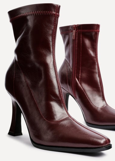 Linzi Noelle Burgundy Faux Leather Square Toe Heeled Sock Boot