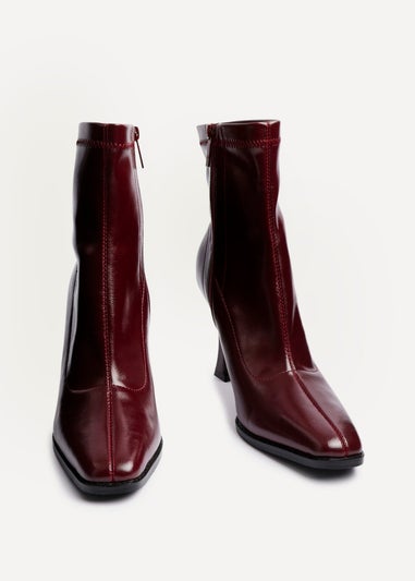 Linzi Noelle Burgundy Faux Leather Square Toe Heeled Sock Boot