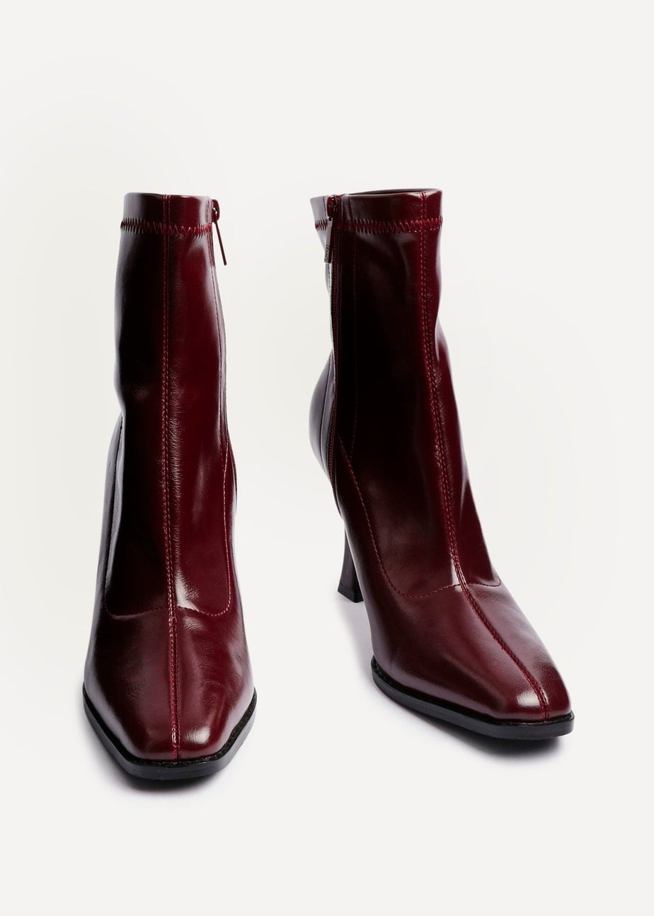 Linzi Noelle Burgundy Faux Leather Square Toe Heeled Sock Boot