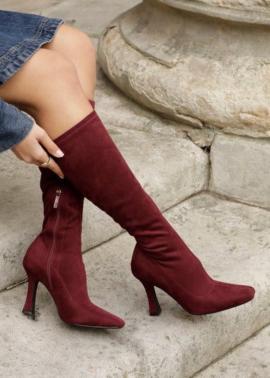 Linzi Gabrielle Burgundy Suede Square Toe Knee High Heeled Boot