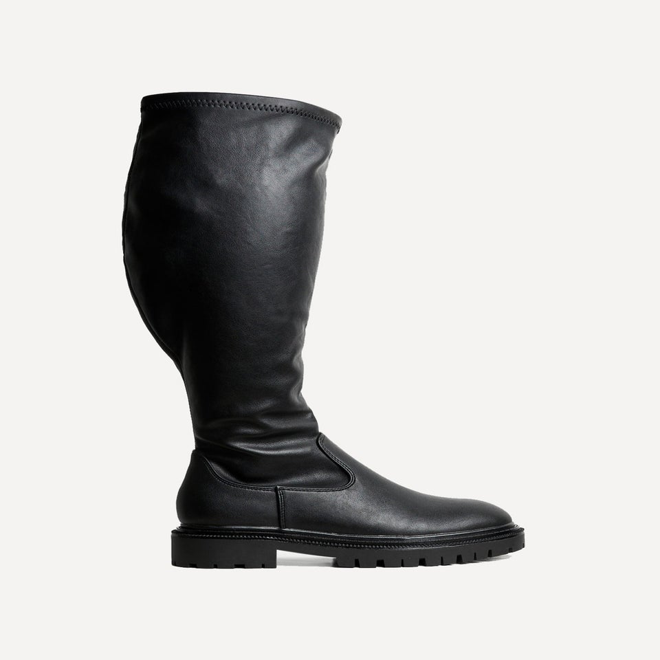 Linzi Briody Wide Fit Black Faux Leather Knee High Stretch Boot