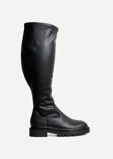Linzi Briody Wide Fit Black Faux Leather Knee High Stretch Boot